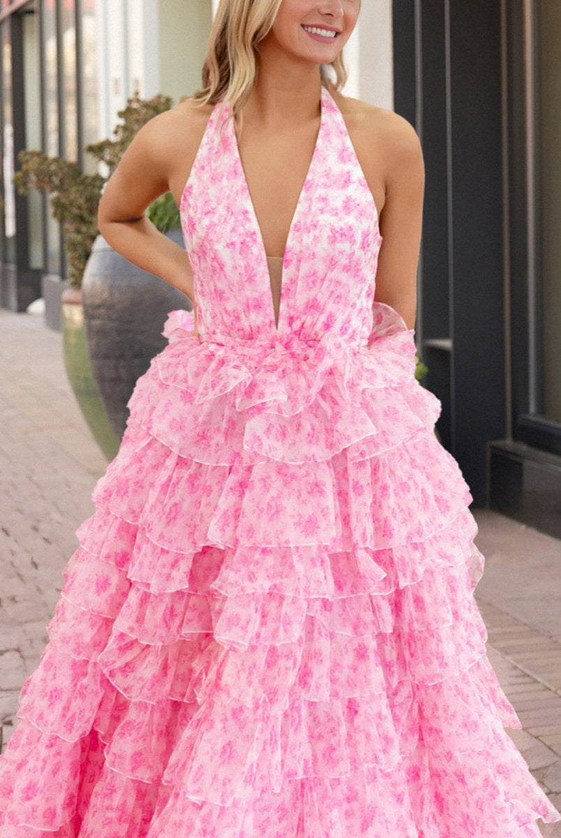 Nimue | Pink Halter Tulle Printed Ruffle Tiered A Line Prom Dresses