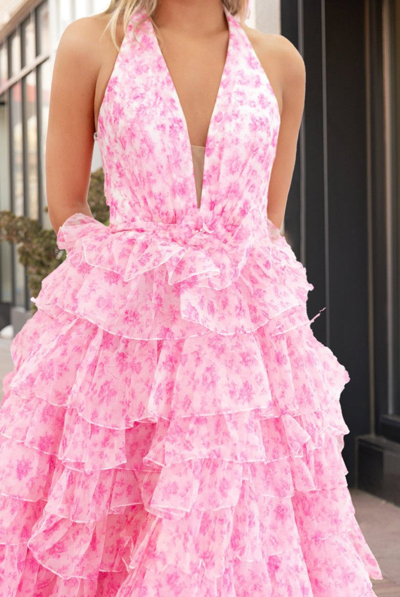 Nimue | Pink Halter Tulle Printed Ruffle Tiered A Line Prom Dresses