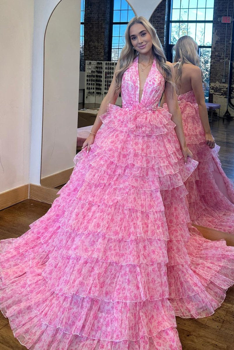 Nimue | Pink Halter Tulle Printed Ruffle Tiered A Line Prom Dresses