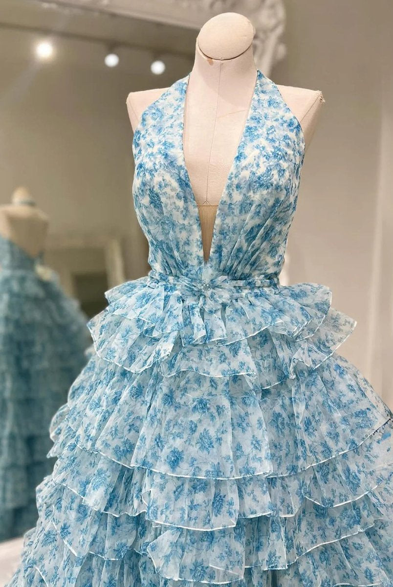 Nimue | Pink Halter Tulle Printed Ruffle Tiered A Line Prom Dresses