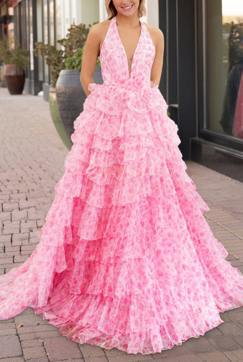 Nimue | Pink Halter Tulle Printed Ruffle Tiered A Line Prom Dresses