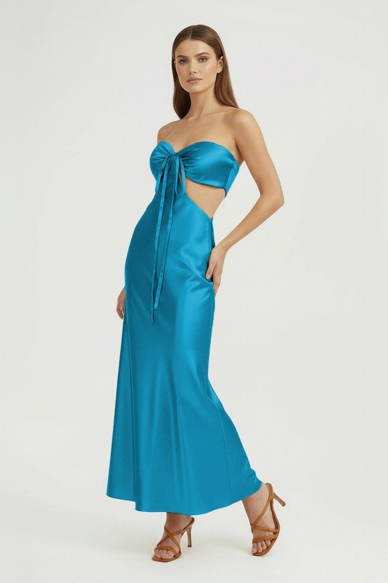 Ninelle | Azure- Strapless Sheath Satin Open Back Prom Dresses With Cutout - Azure