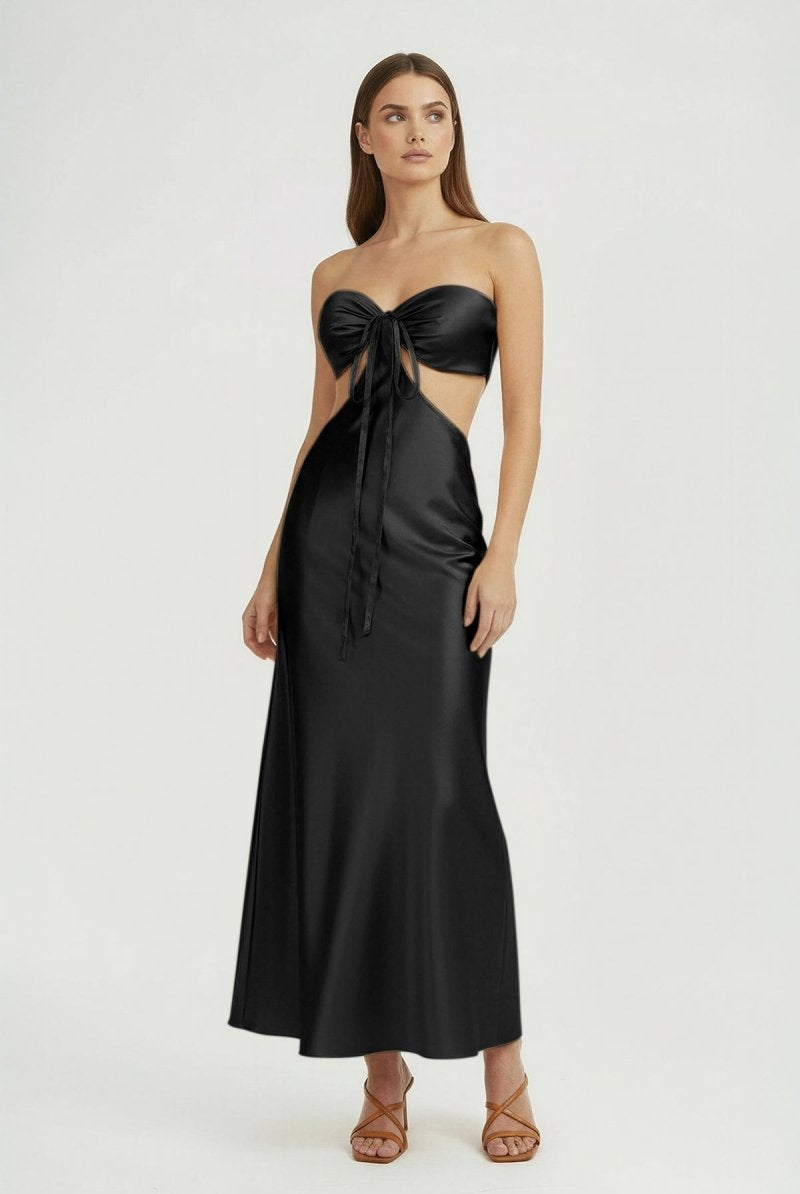 Ninelle | Black - Strapless Sheath Satin Open Back Prom Dresses With Cutout - KissProm