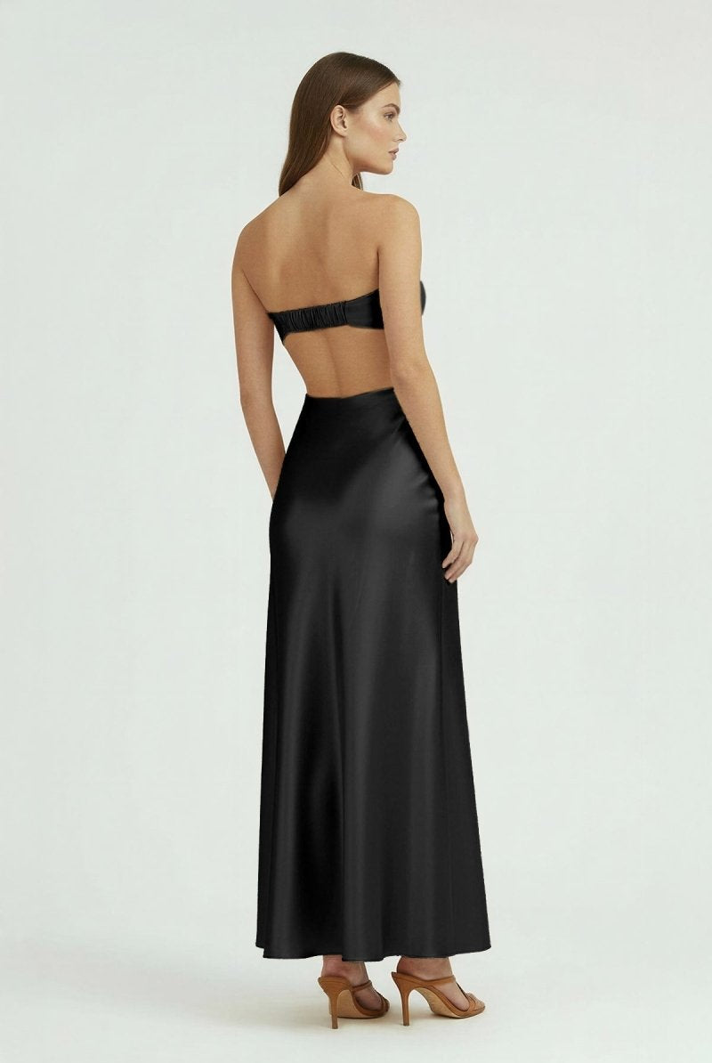 Ninelle | Black - Strapless Sheath Satin Open Back Prom Dresses With Cutout - KissProm