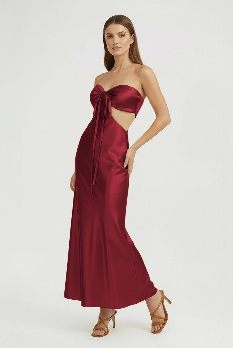 Ninelle | Burgundy - Strapless Sheath Satin Open Back Prom Dresses With Cutout - KissProm