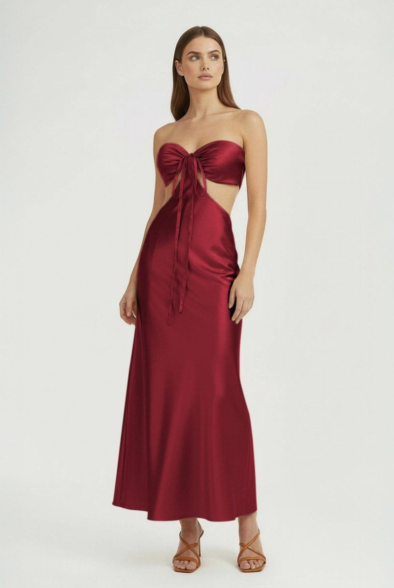 Ninelle | Burgundy - Strapless Sheath Satin Open Back Prom Dresses With Cutout - KissProm
