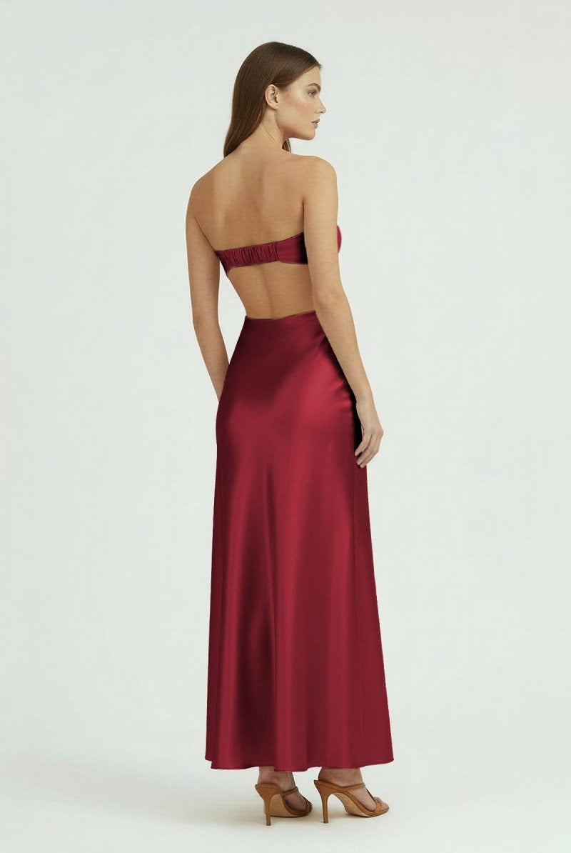 Ninelle | Burgundy - Strapless Sheath Satin Open Back Prom Dresses With Cutout - KissProm