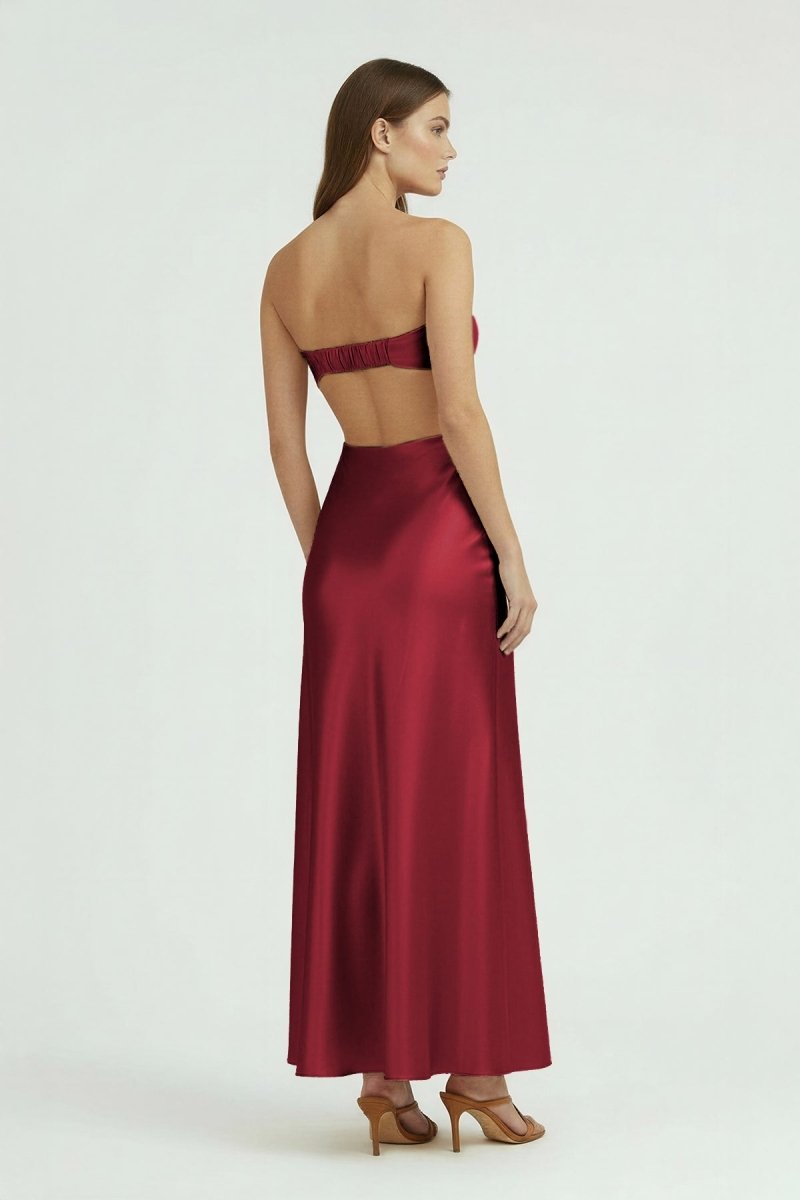 Ninelle | Burgundy - Strapless Sheath Satin Open Back Prom Dresses With Cutout - KissProm