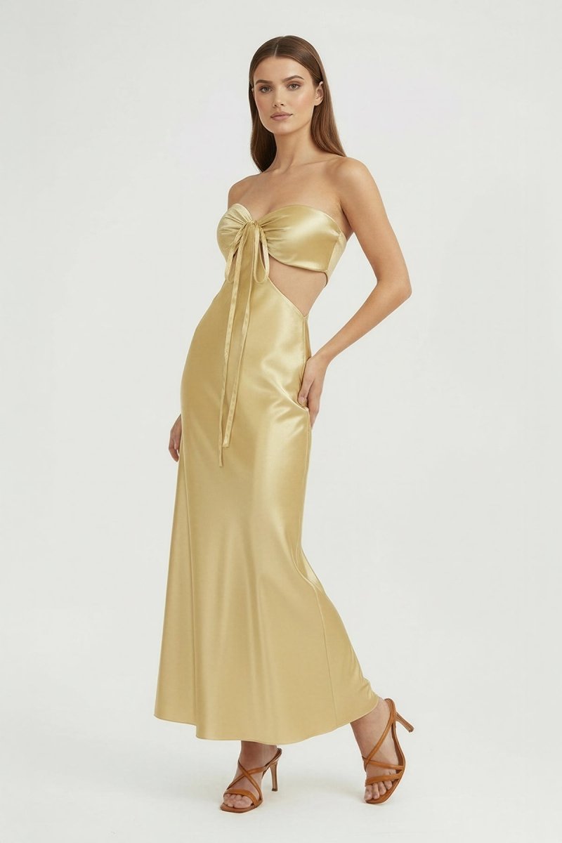 Ninelle | Champagne - Strapless Sheath Satin Open Back Prom Dresses With Cutout - KissProm