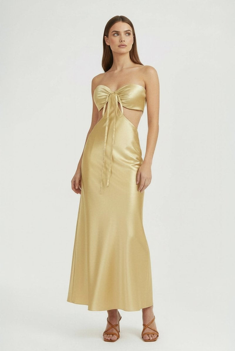 Ninelle | Champagne - Strapless Sheath Satin Open Back Prom Dresses With Cutout - KissProm
