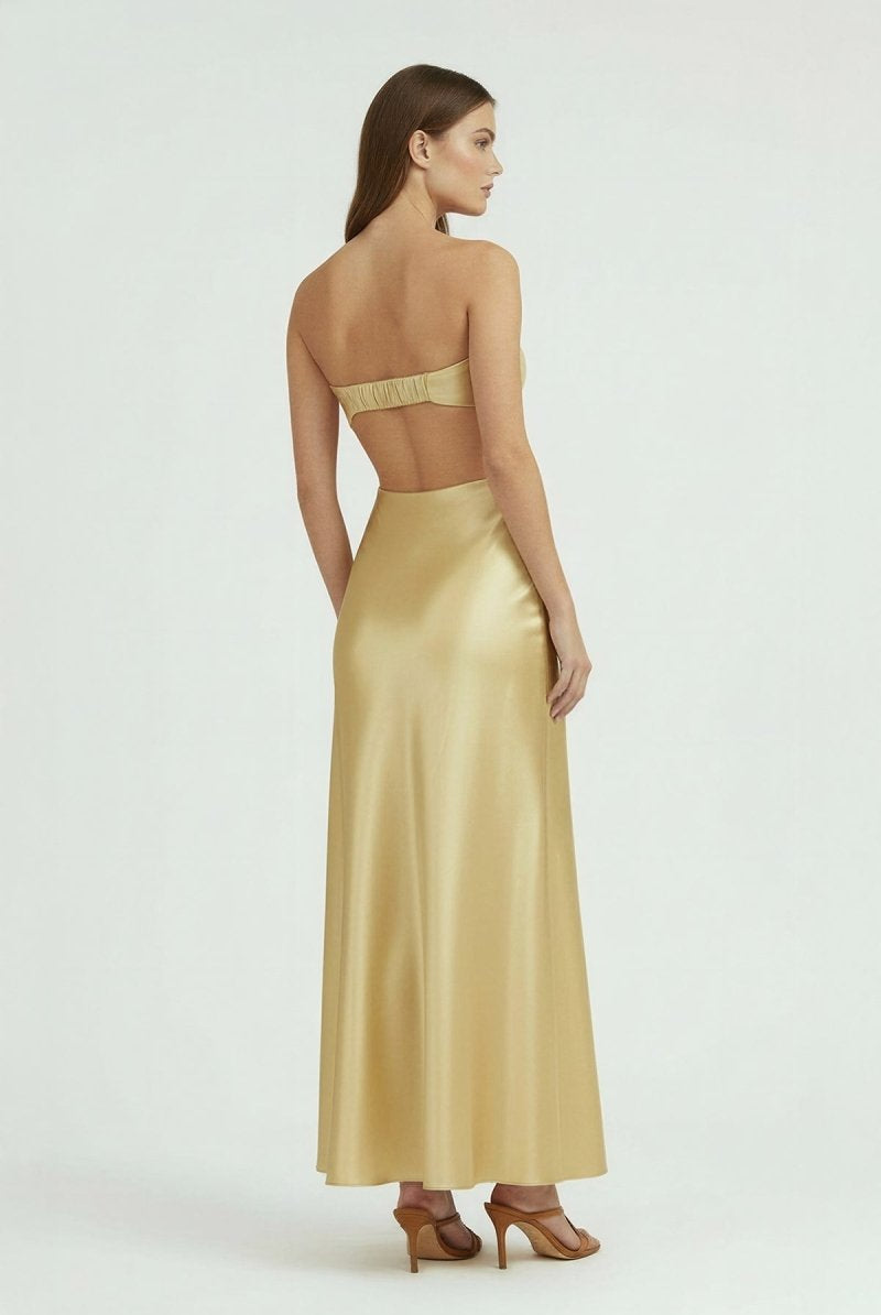 Ninelle | Champagne - Strapless Sheath Satin Open Back Prom Dresses With Cutout - KissProm