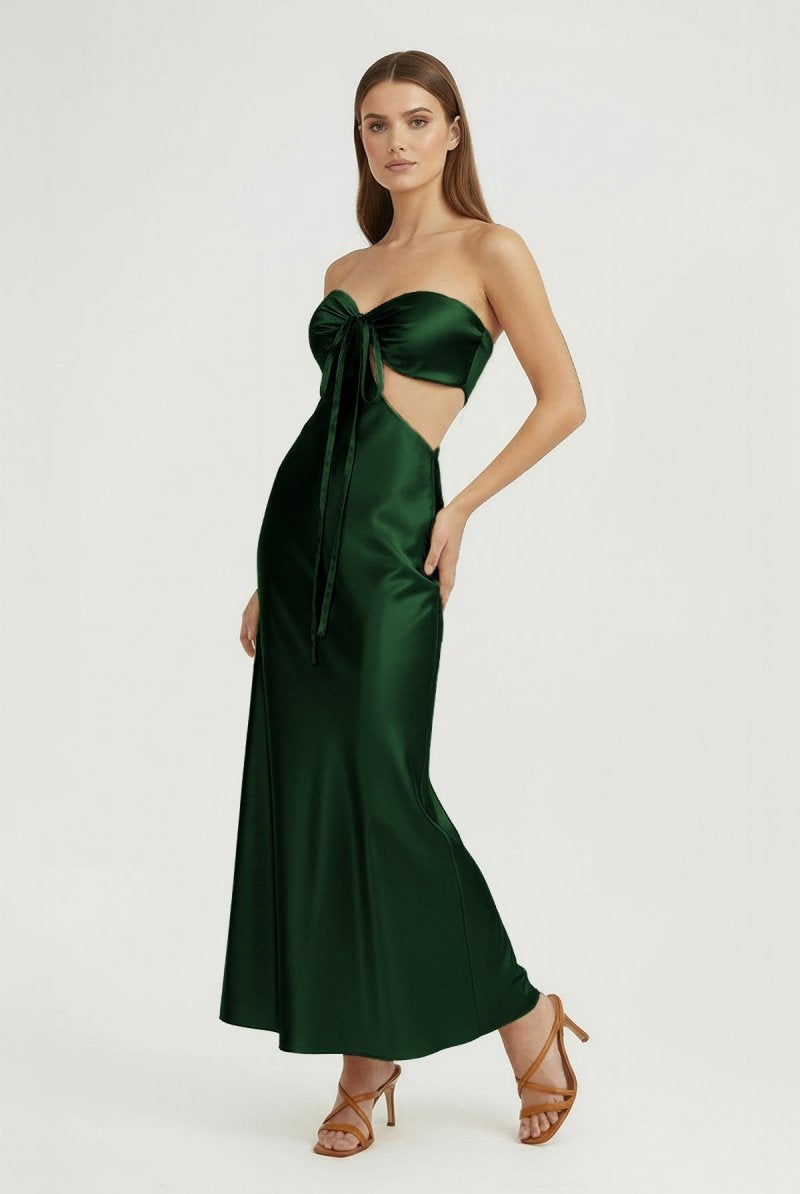 Ninelle | Dark Green - Strapless Sheath Satin Open Back Prom Dresses With Cutout - KissProm