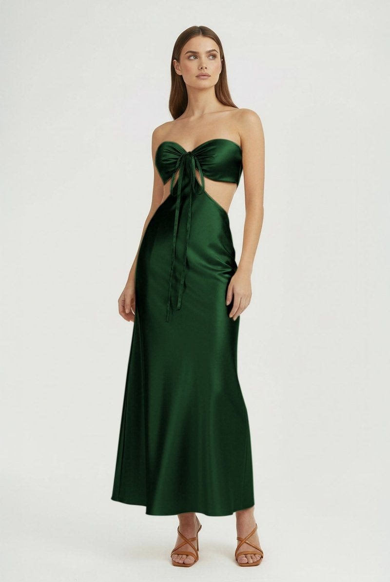 Ninelle | Dark Green - Strapless Sheath Satin Open Back Prom Dresses With Cutout - KissProm