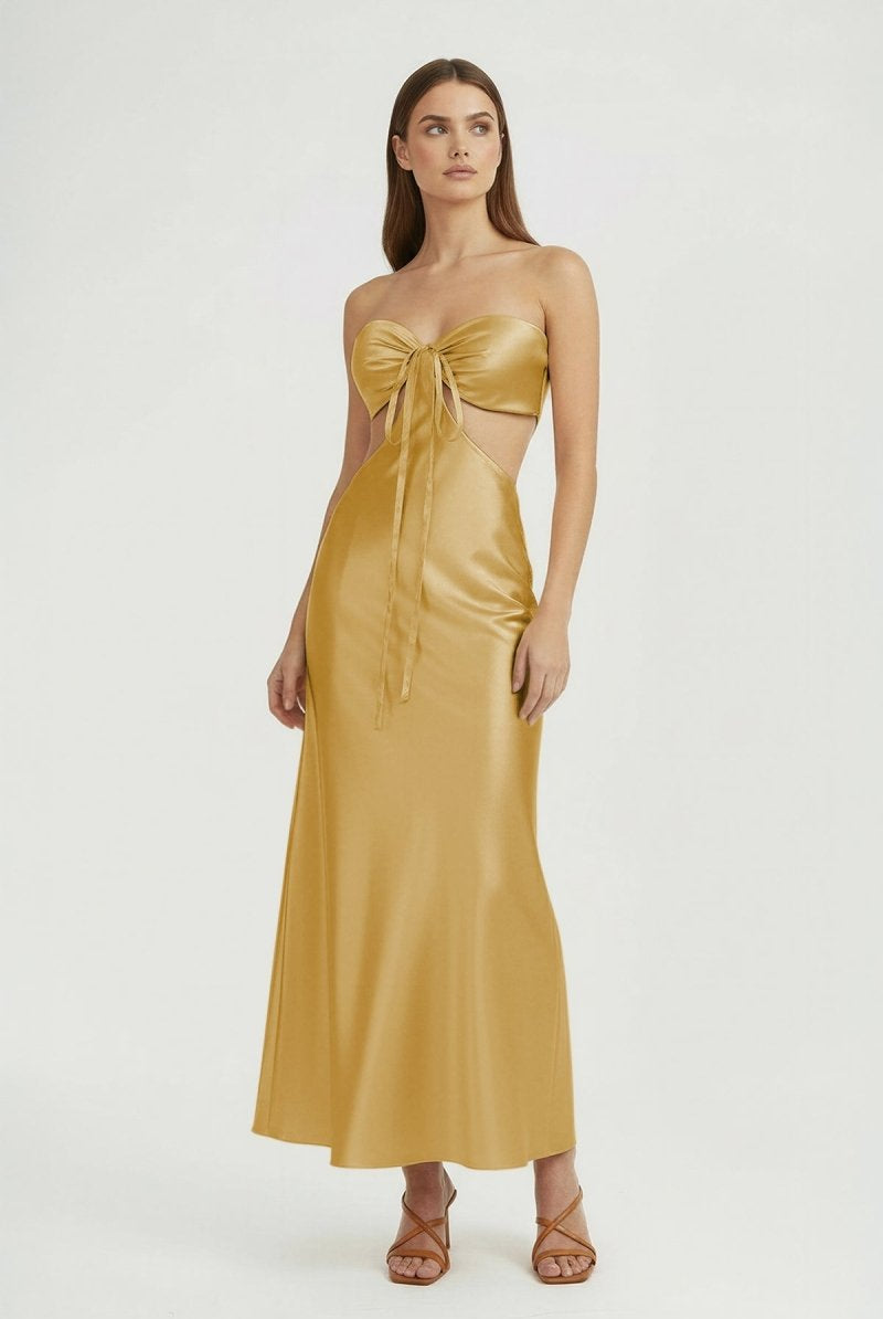 Ninelle | Gold - Strapless Sheath Satin Open Back Prom Dresses With Cutout - KissProm