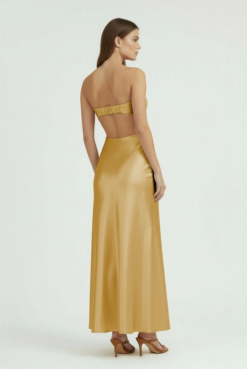 Ninelle | Gold - Strapless Sheath Satin Open Back Prom Dresses With Cutout - KissProm