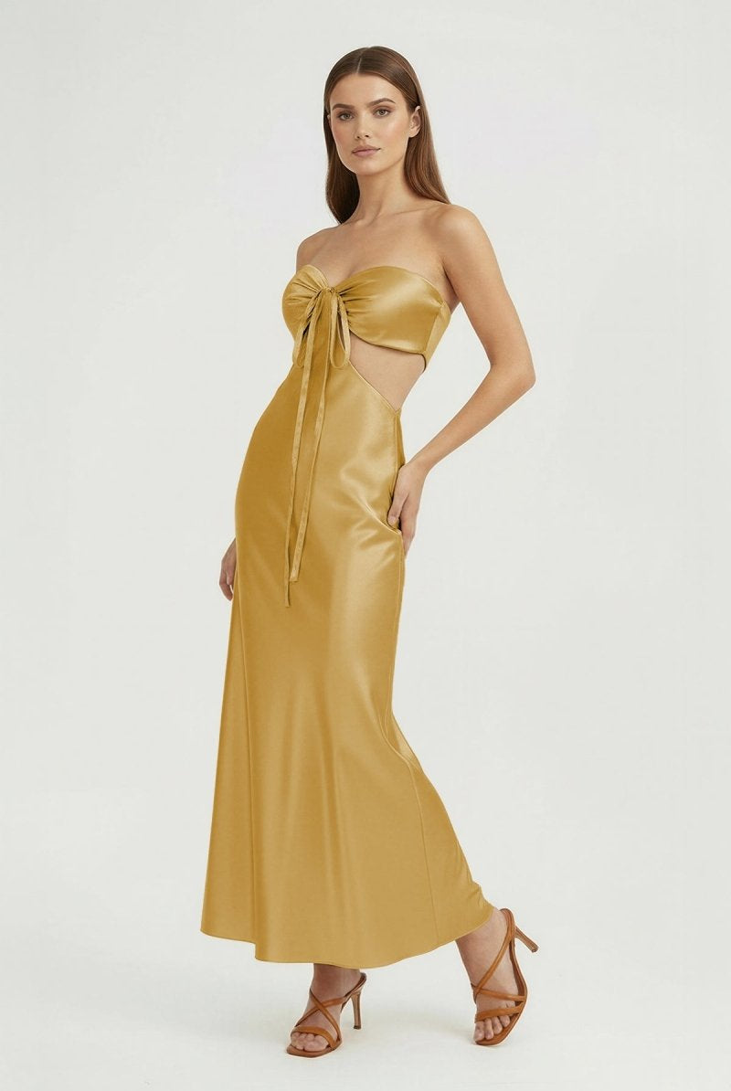 Ninelle | Gold - Strapless Sheath Satin Open Back Prom Dresses With Cutout - KissProm