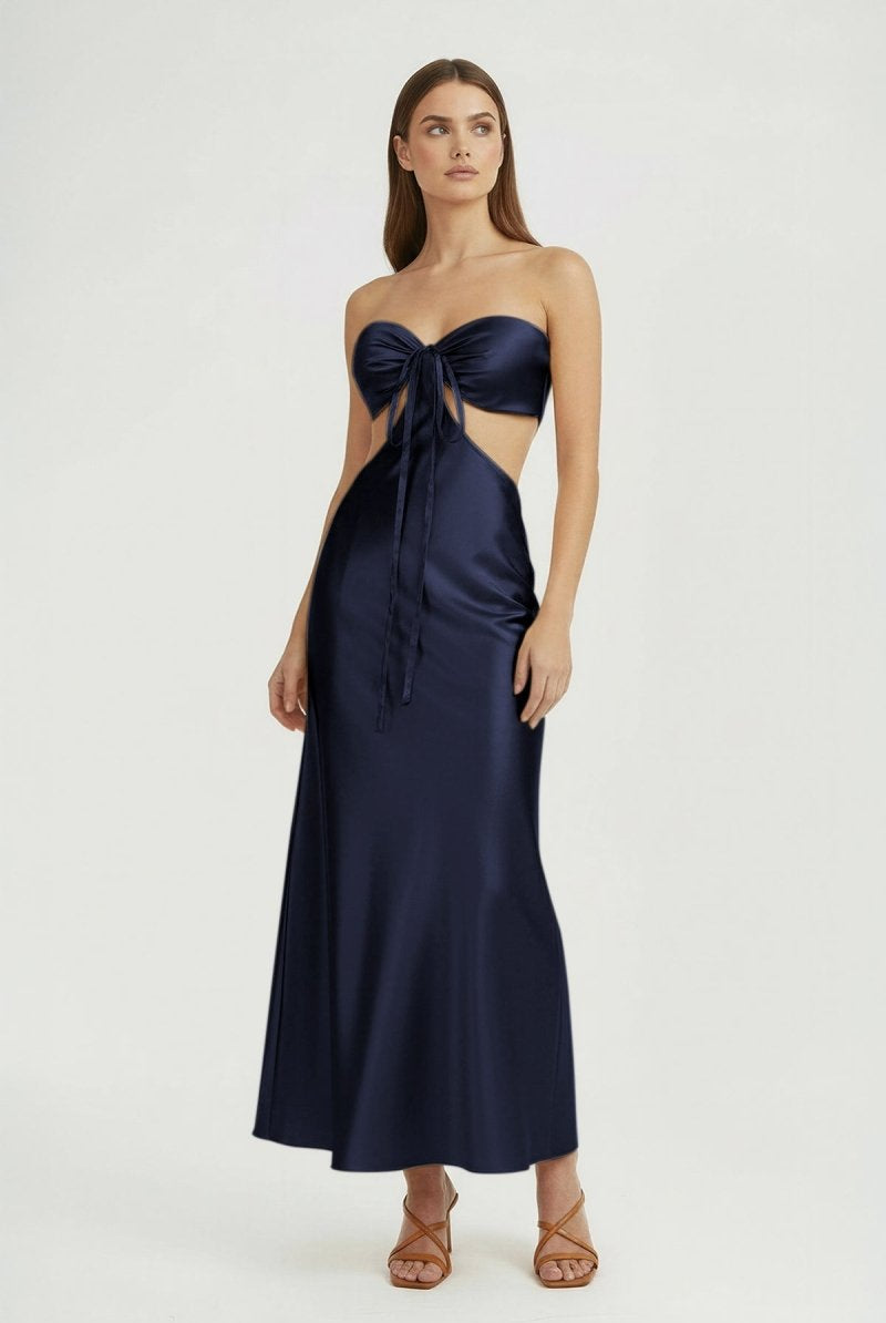 Ninelle | Navy Blue - Strapless Sheath Satin Open Back Prom Dresses With Cutout - KissProm