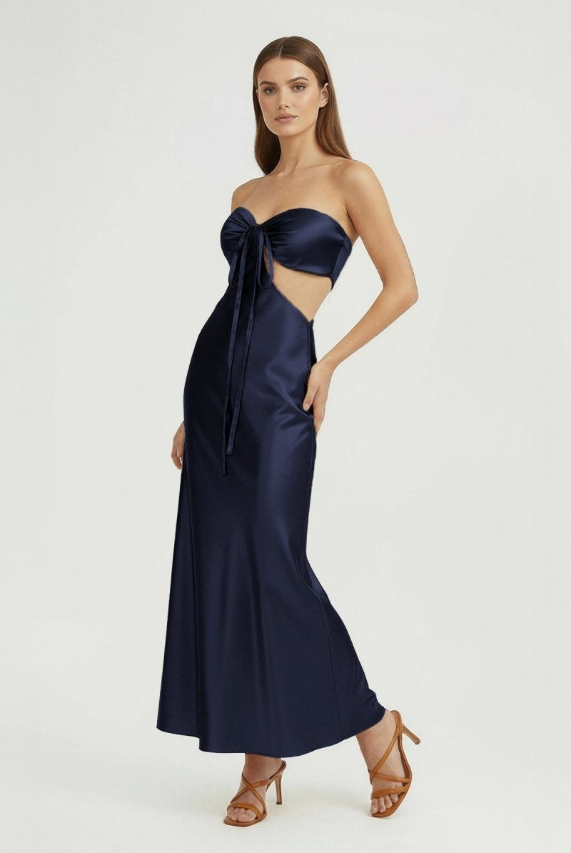 Ninelle | Navy Blue - Strapless Sheath Satin Open Back Prom Dresses With Cutout - KissProm