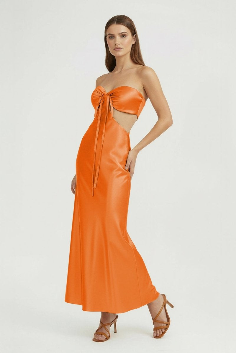 Ninelle | Orange - Strapless Sheath Satin Open Back Prom Dresses With Cutout - KissProm