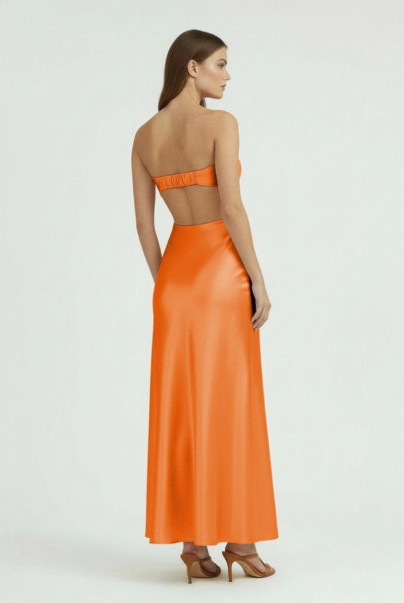 Ninelle | Orange - Strapless Sheath Satin Open Back Prom Dresses With Cutout - KissProm