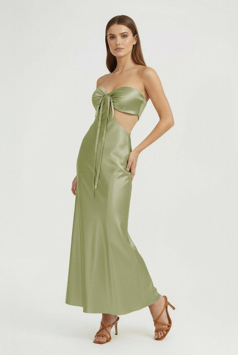 Ninelle | Sage - Strapless Sheath Satin Open Back Prom Dresses With Cutout - KissProm