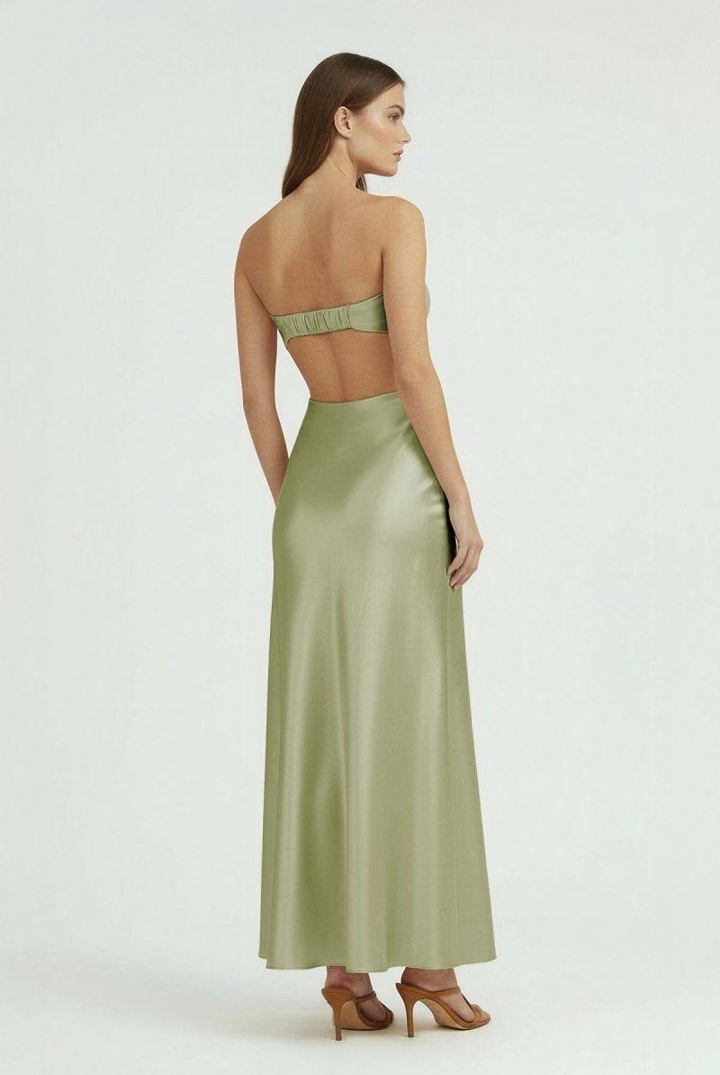 Ninelle | Sage - Strapless Sheath Satin Open Back Prom Dresses With Cutout - KissProm