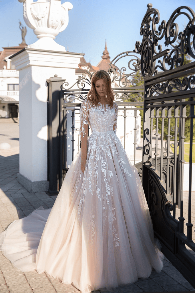 Simple Jewel Long Sleeve Brush Train Tulle Ball Gown Wedding Dress with Appliques, Diamond White / Custom Size