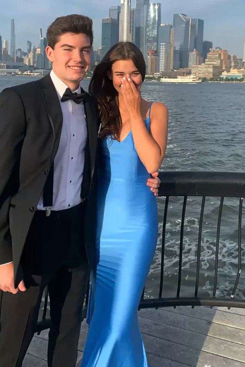 Noel | Blue Spaghetti Straps Mermaid Satin Backless Long Prom Dress