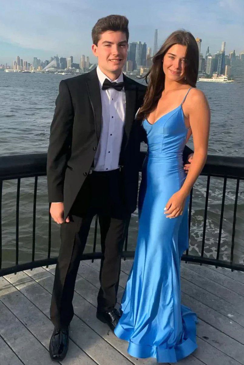 Noel | Blue Spaghetti Straps Mermaid Satin Backless Long Prom Dress