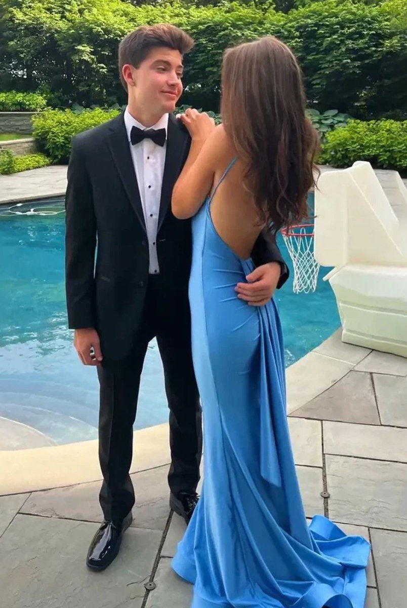 Noel | Blue Spaghetti Straps Mermaid Satin Backless Long Prom Dress