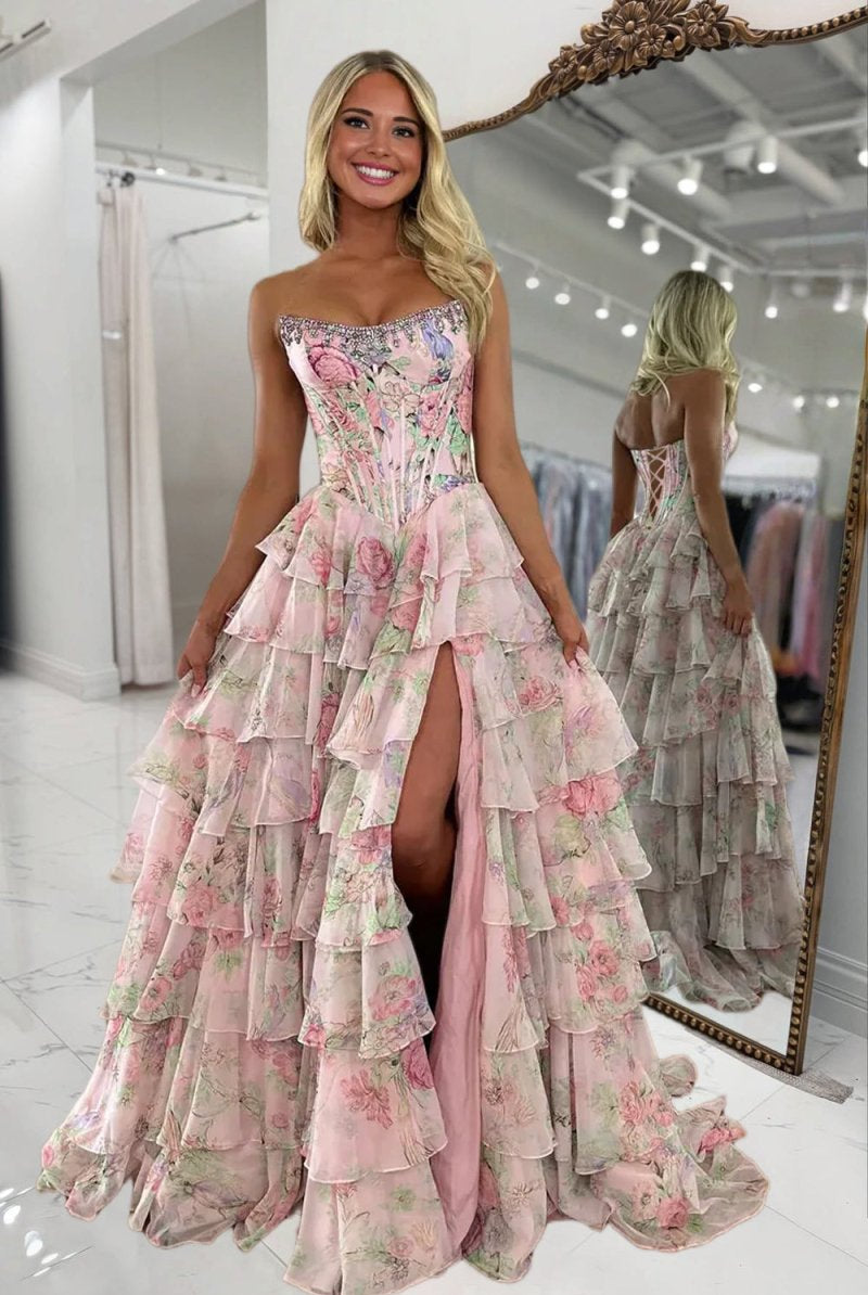 Noley | Pink - Scoop Neck A Line Floral Chiffon Ruffled Prom Dresses With Beading - KissProm