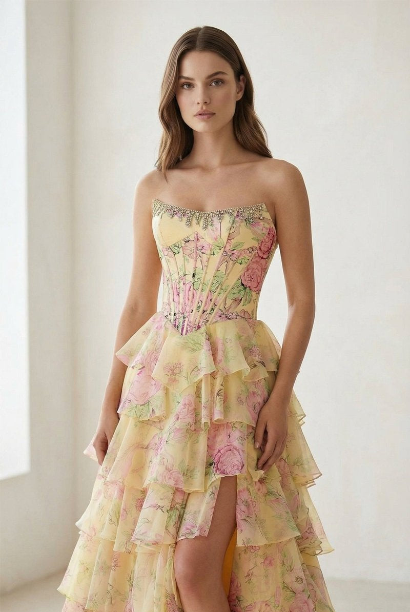 Noley | Yellow - Scoop Neck A Line Floral Chiffon Ruffled Prom Dresses With Beading - KissProm