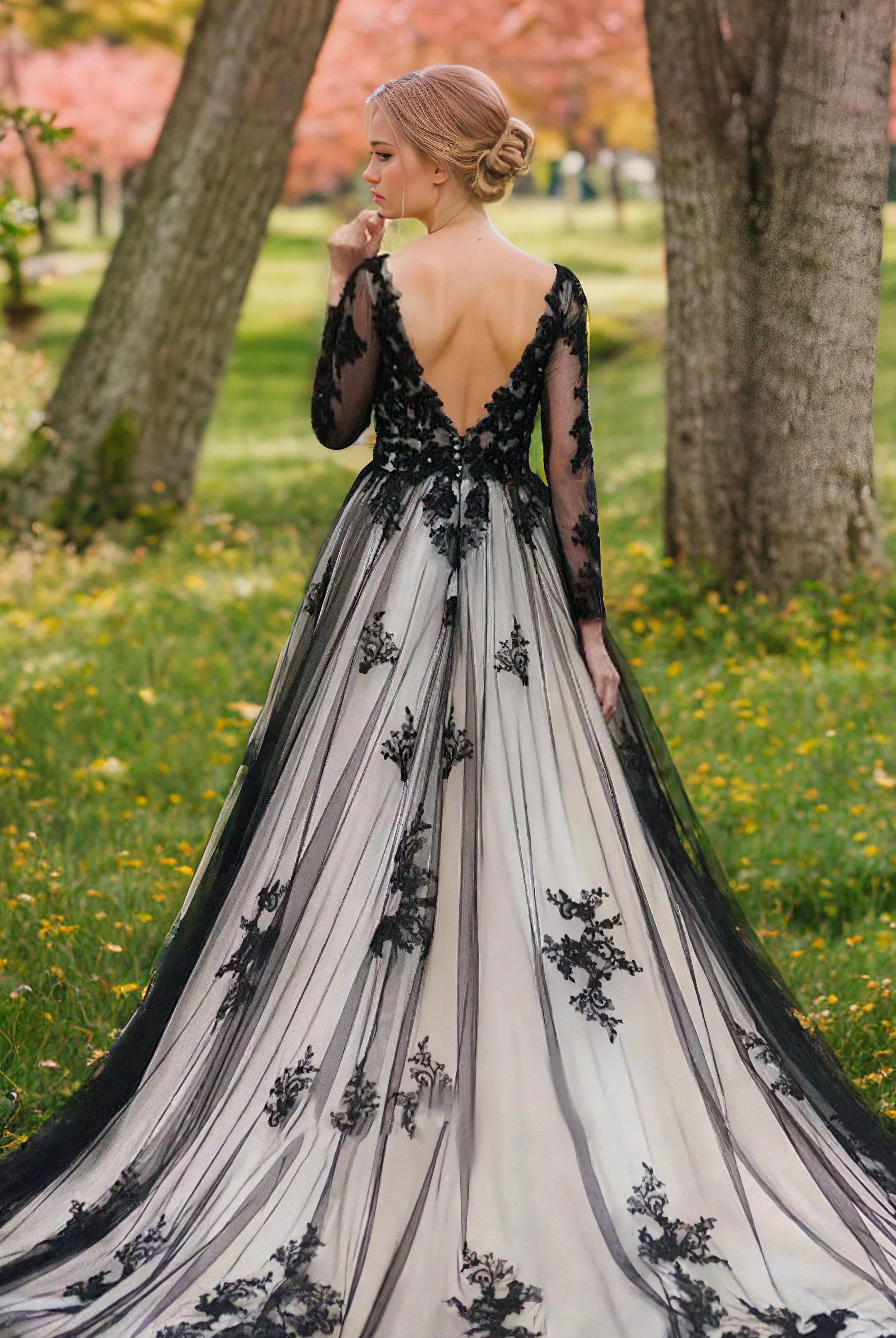 Non-Traditional Gothic Black and White Boho Lace Wedding Dress Flowy Forest Sleeved Backless Bridal Gown with Court Train