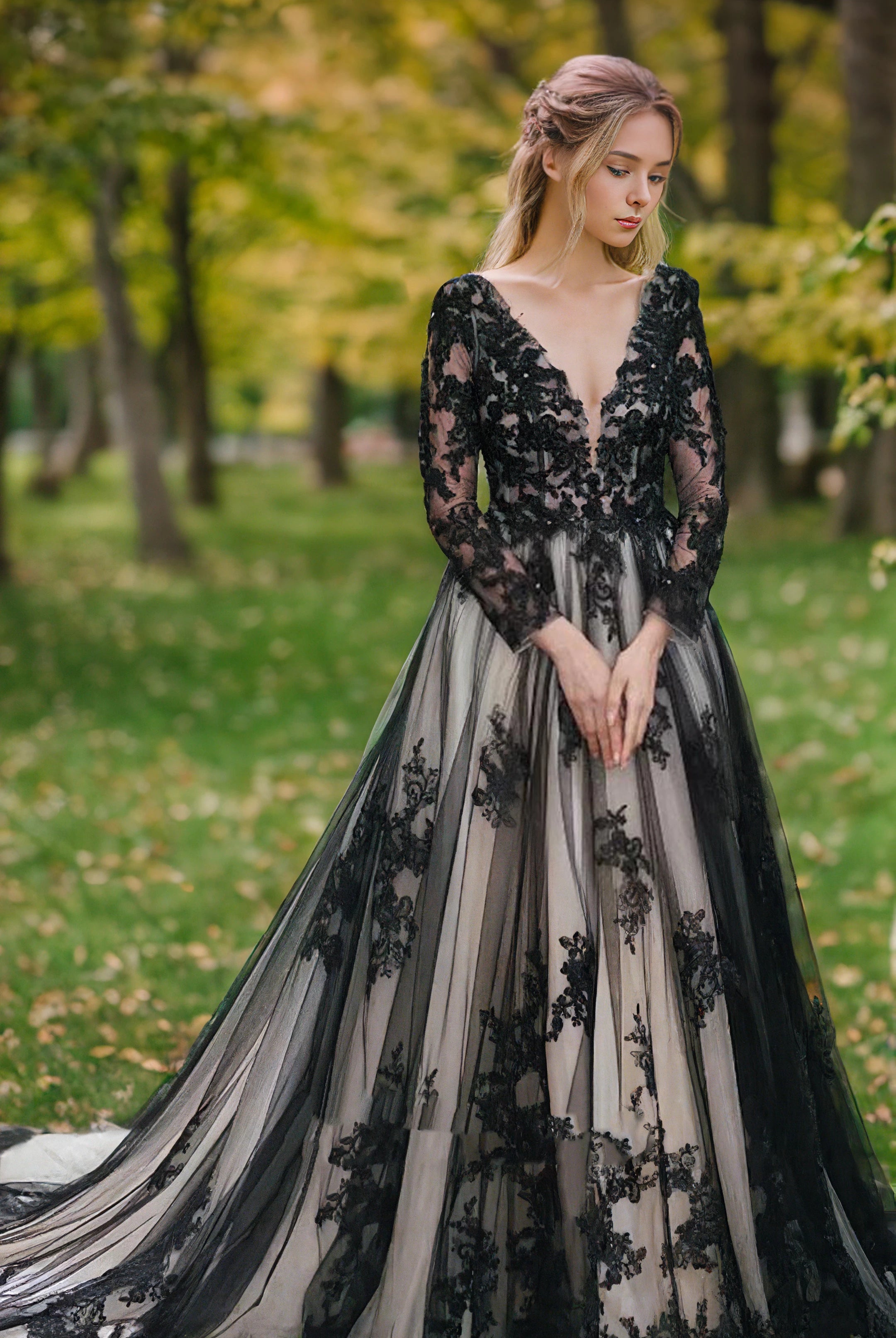 Non-Traditional Gothic Black and White Boho Lace Wedding Dress Flowy Forest Sleeved Backless Bridal Gown with Court Train