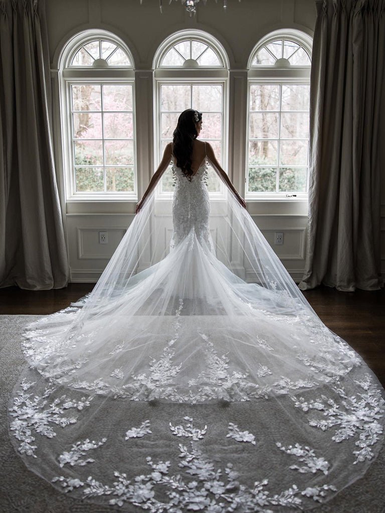 Non - traditional Wedding Veil Floral Lace Cathedral Veil Bridal Veil - KissProm