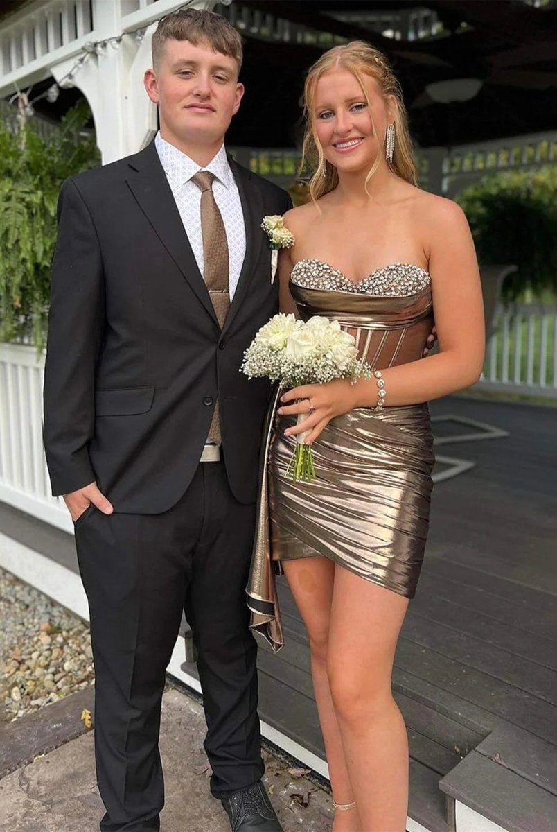 Norabel | Brown - Strapless Bodycon Short Homecoming Dresses With Beading