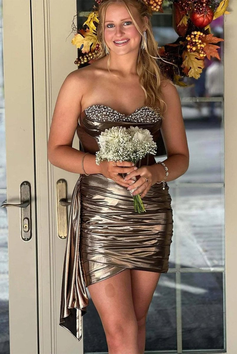 Norabel | Brown - Strapless Bodycon Short Homecoming Dresses With Beading