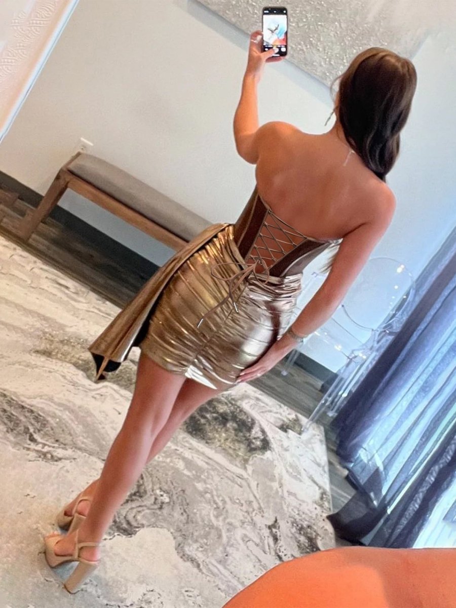 Norabel | Brown - Strapless Bodycon Short Homecoming Dresses With Beading