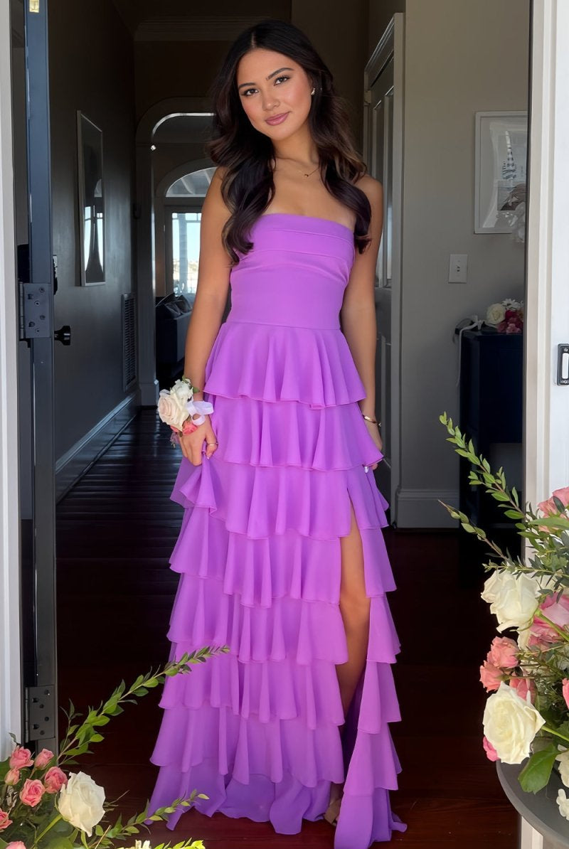 Noria | Purple - Strapless A Line Chiffon Long Prom Dress With Ruffles - KissProm