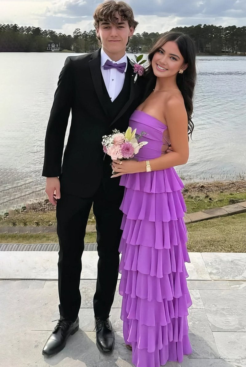 Noria | Purple - Strapless A Line Chiffon Long Prom Dress With Ruffles - KissProm