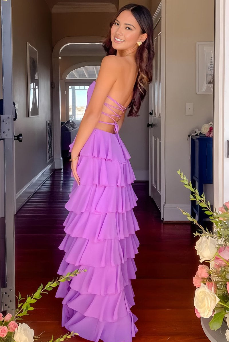 Noria | Purple - Strapless A Line Chiffon Long Prom Dress With Ruffles - KissProm