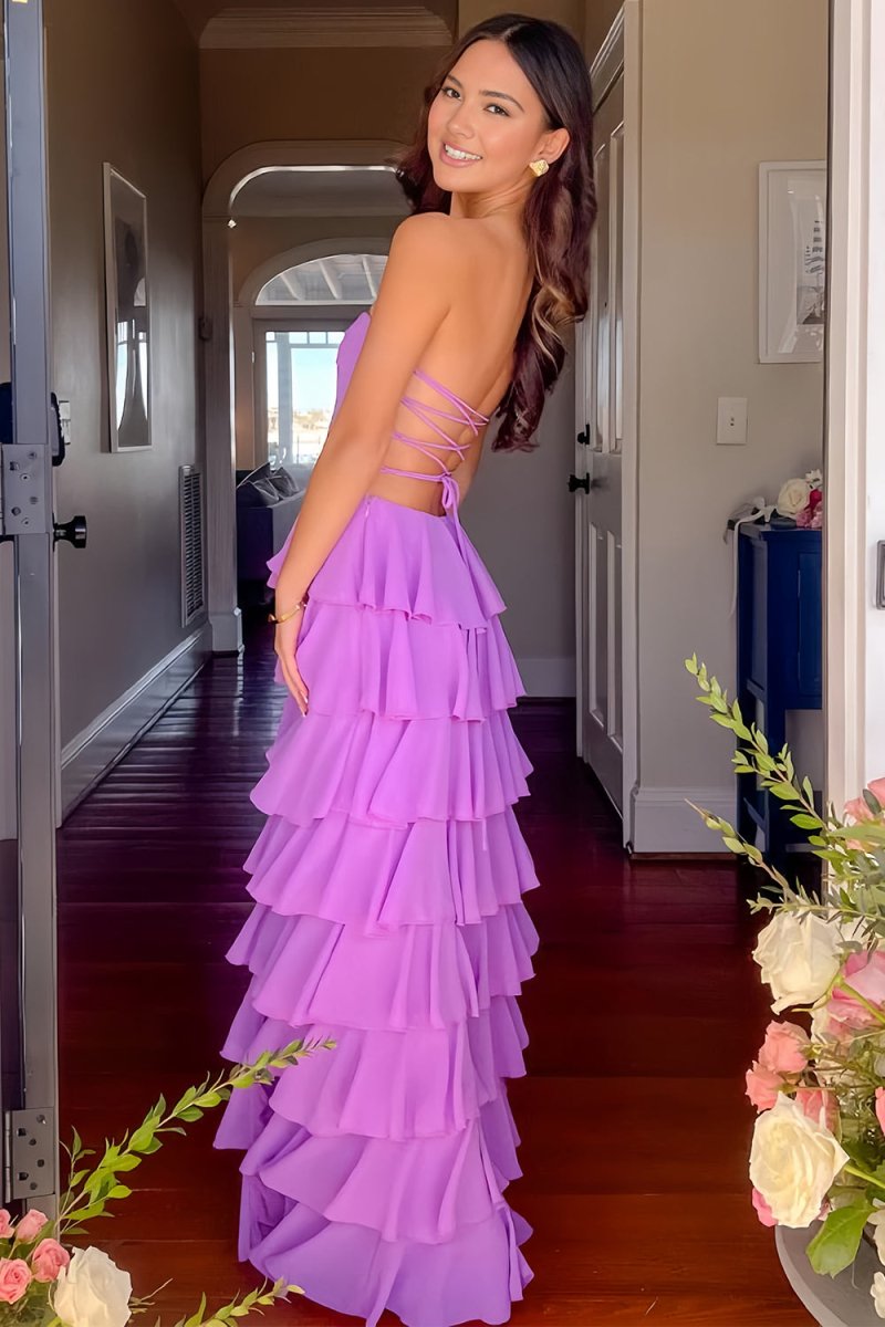 Noria | Purple - Strapless A Line Chiffon Long Prom Dress With Ruffles - KissProm