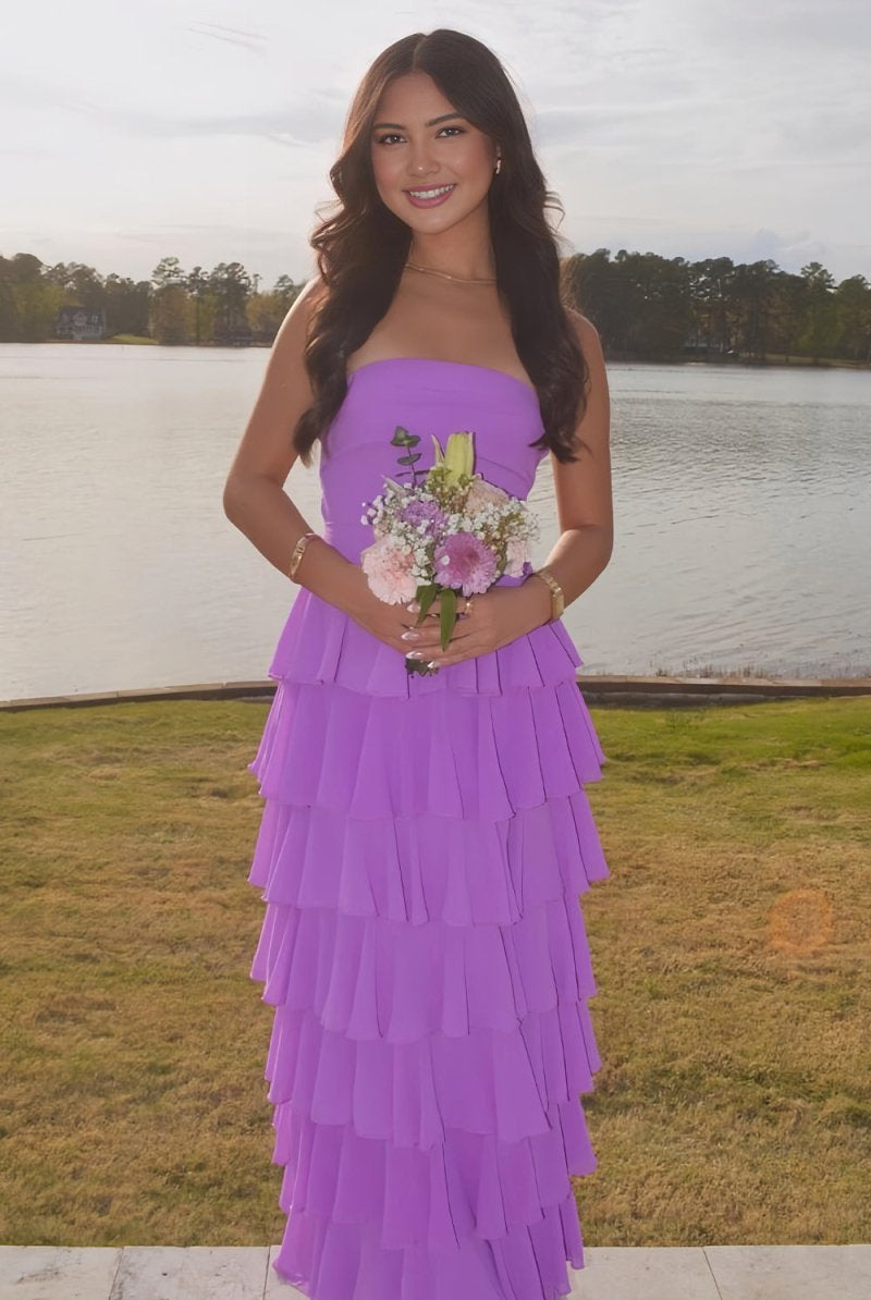 Noria | Purple - Strapless A Line Chiffon Long Prom Dress With Ruffles - KissProm