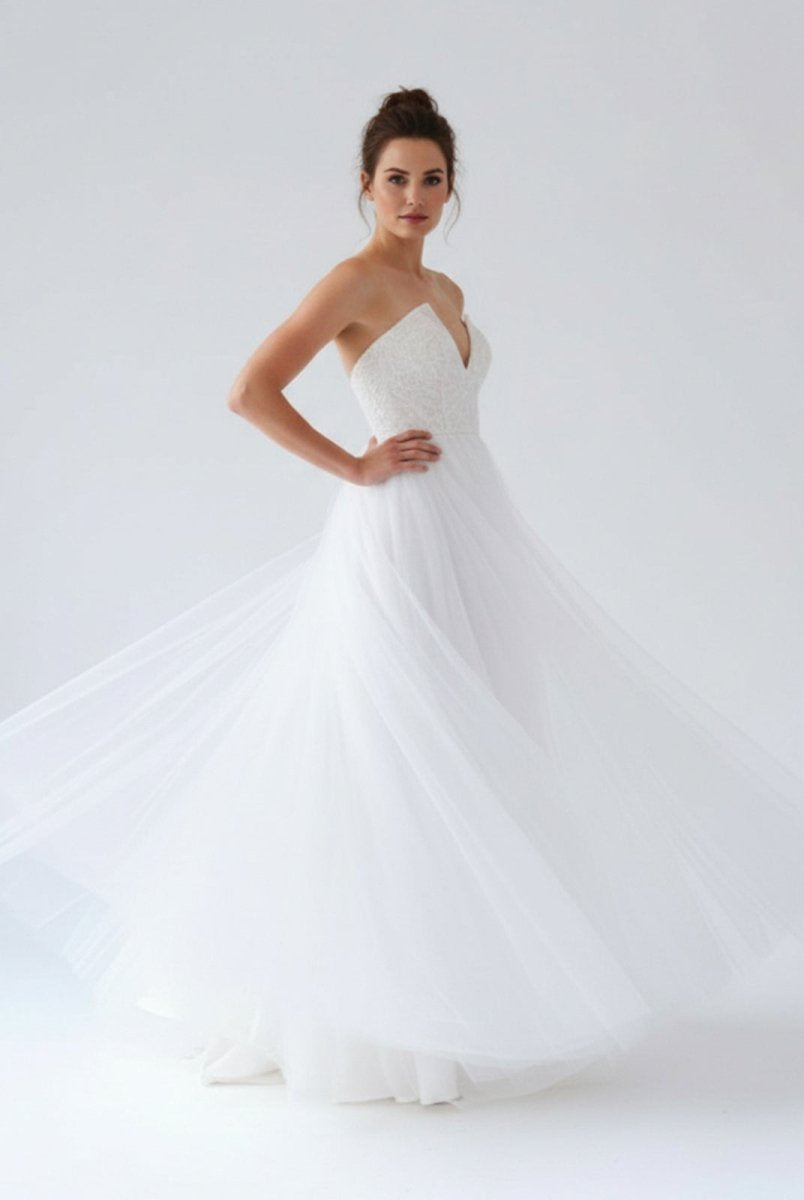 V Neck Sleeveless A - Line Long Tulle Backless White Wedding Dress - KissProm
