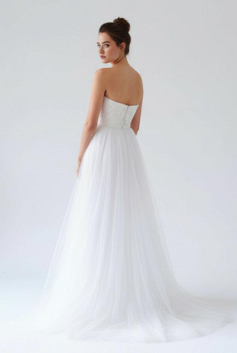 V Neck Sleeveless A - Line Long Tulle Backless White Wedding Dress - KissProm