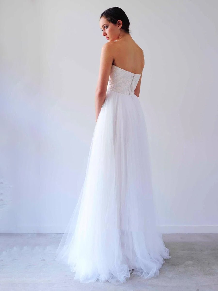V Neck Sleeveless A - Line Long Tulle Backless White Wedding Dress - KissProm