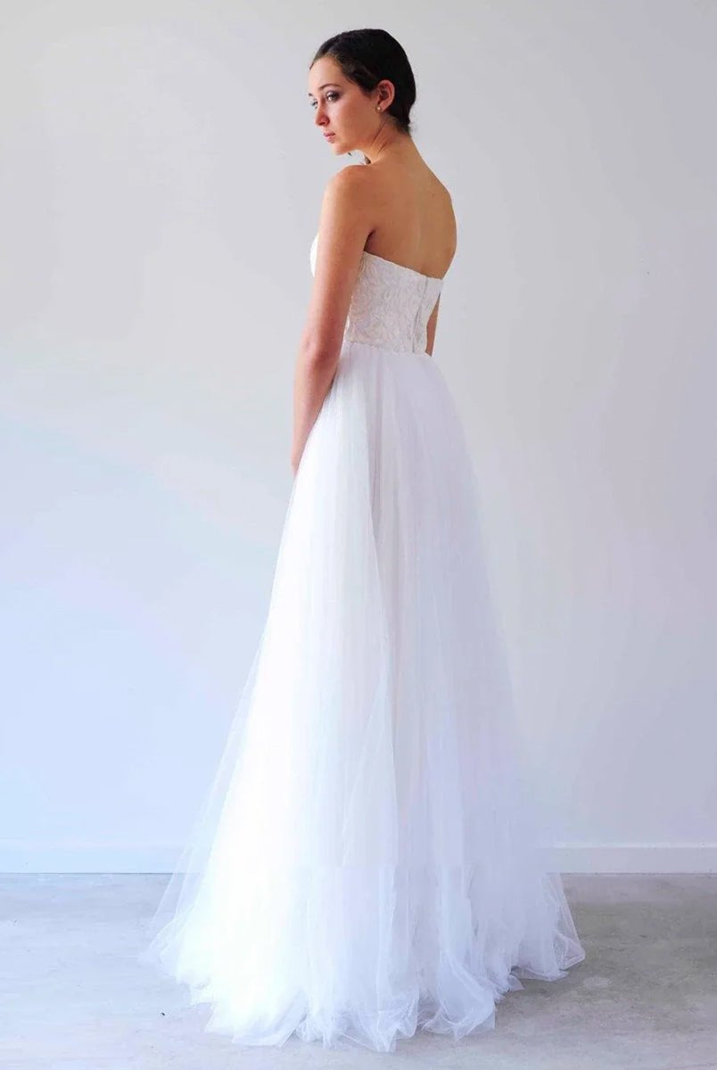 V Neck Sleeveless A - Line Long Tulle Backless White Wedding Dress - KissProm