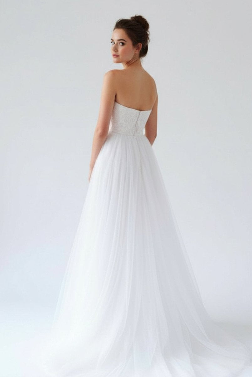 V Neck Sleeveless A - Line Long Tulle Backless White Wedding Dress - KissProm