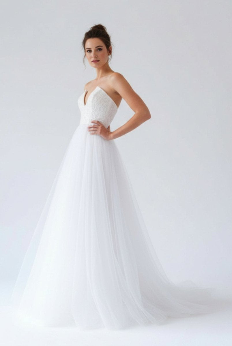 V Neck Sleeveless A - Line Long Tulle Backless White Wedding Dress - KissProm