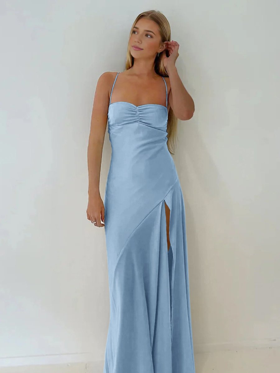 KissProm-Notori Sky Blue Spaghetti Straps Sheath Long Prom Dresses With Split